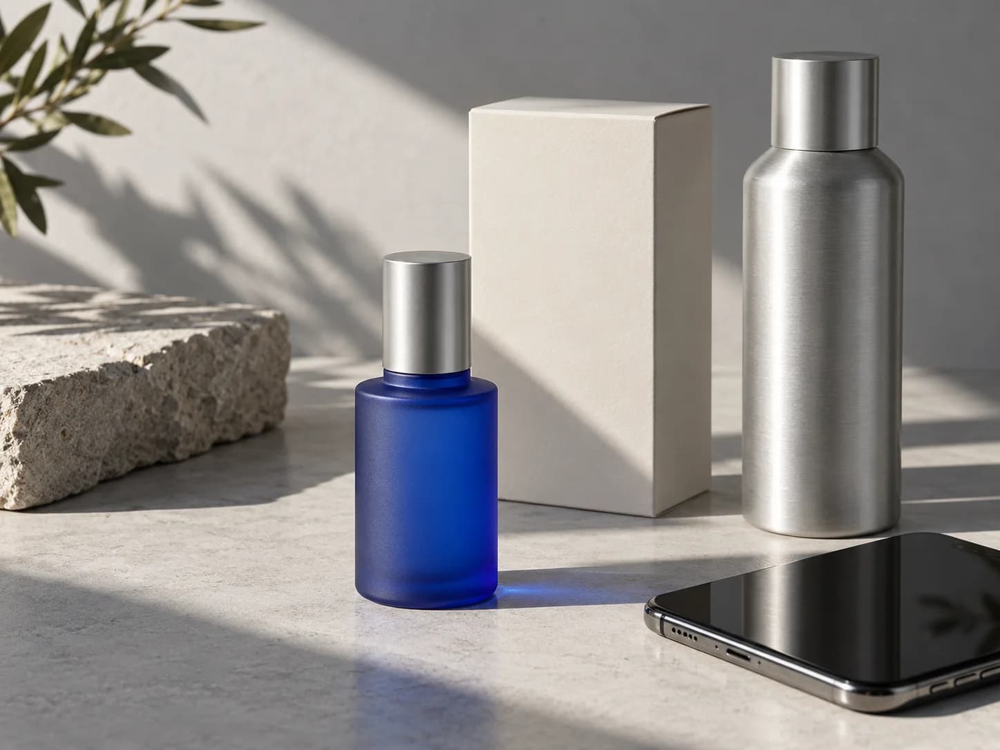 Illustrative commerce still life with cobalt glass, unbranded packaging, and a smartphone