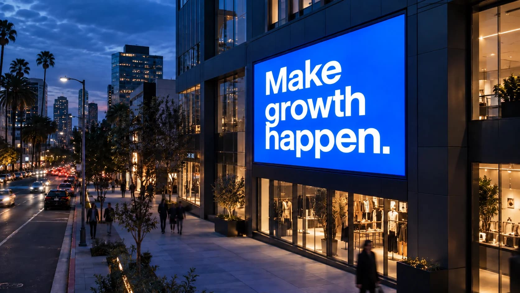 Imobi brand concept: a city billboard reading Make growth happen.